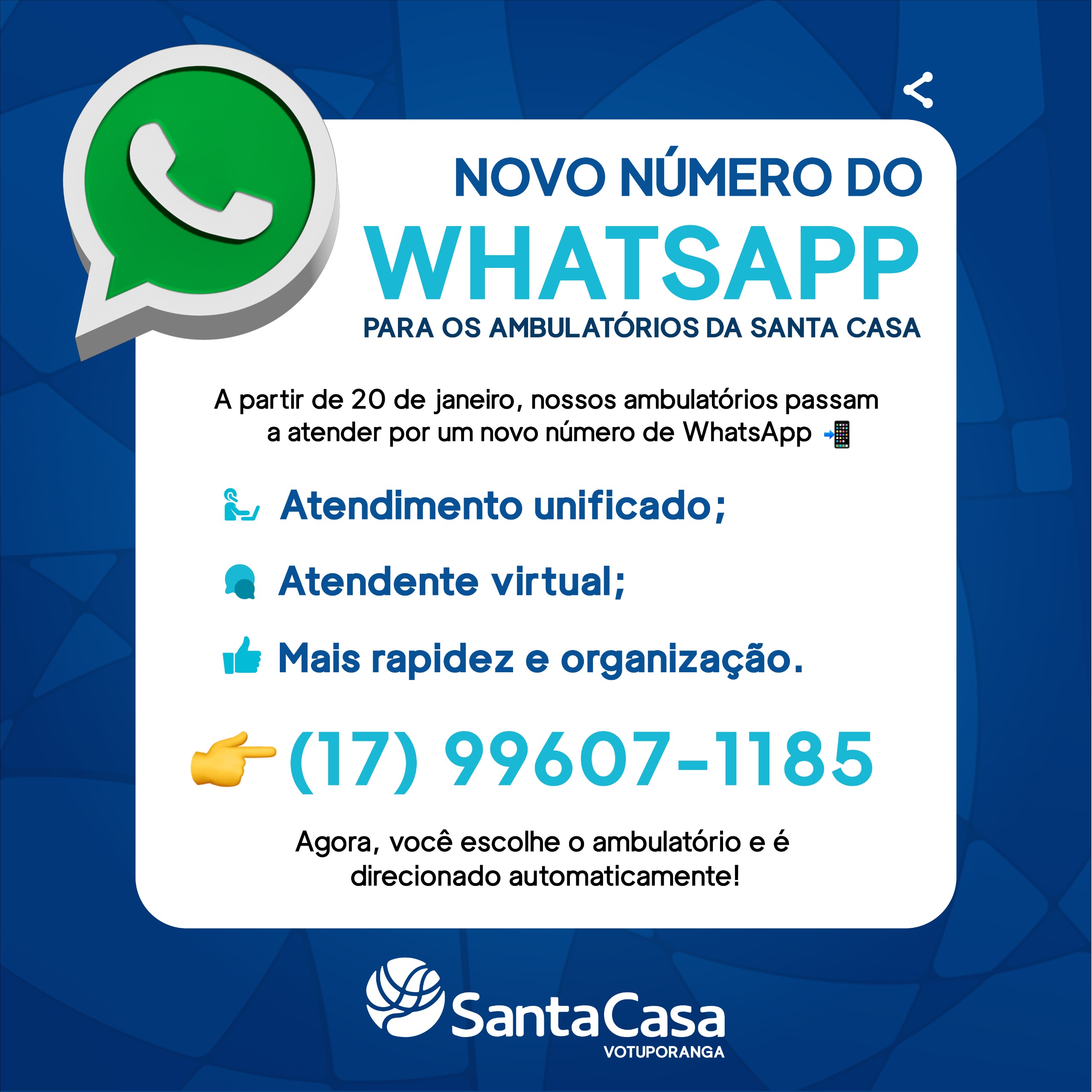 Santa Casa de Votuporanga moderniza atendimento dos Ambulatórios com novo WhatsApp